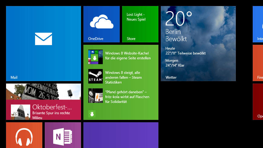 Windows 8 Startscreen mit Website-Kachel RSS-Feed