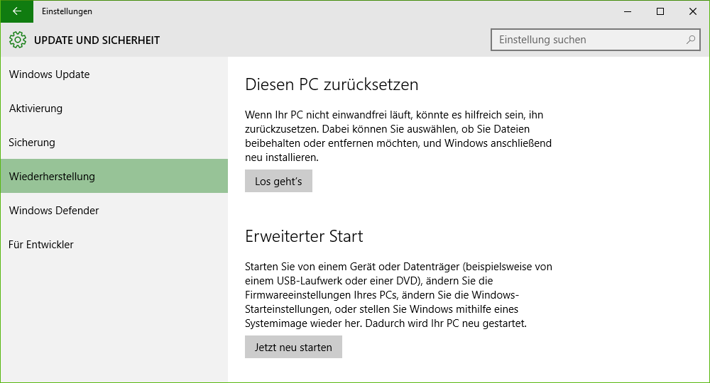 Windows 10 zuruecksetzen - Einstellunge