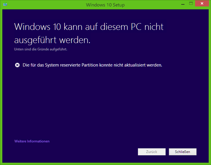 Windows 10 - Die für das System reservierte Partition konnte nicht aktualisiert werden