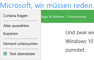 Windows 10 1607 Edge-Kontextmenue