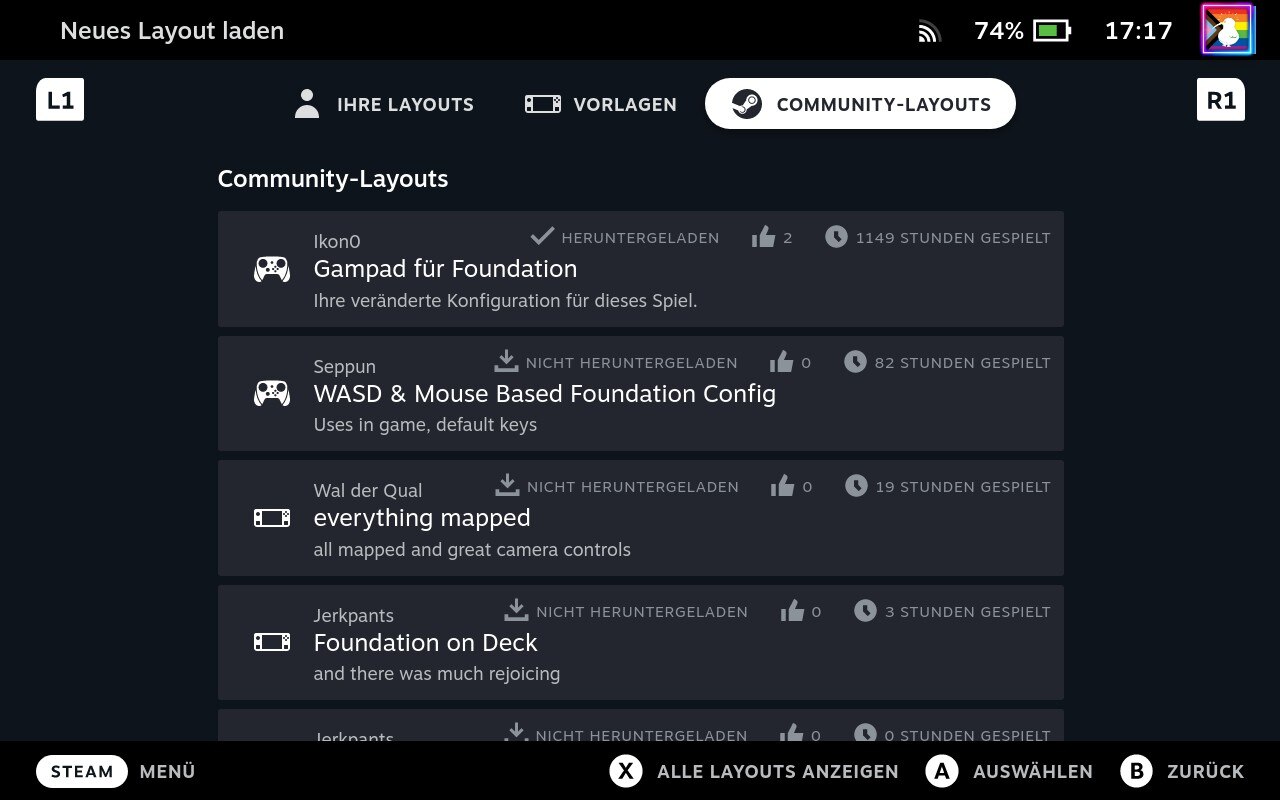 Ein Steam Deck-Screenshot von der Liste der Community-Layouts für das Spiel Foundation