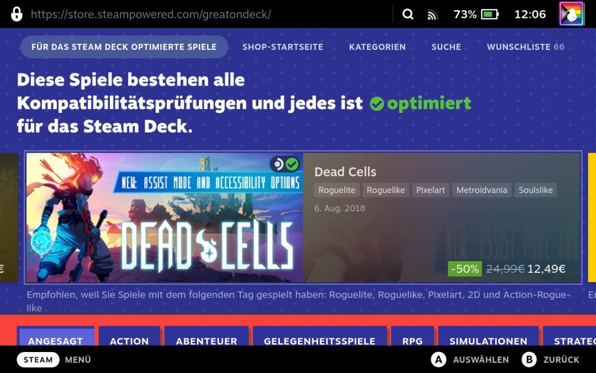 Ein Steam Deck-Screenshot vom Steam-Shop. Der Text auf dem Screenshot sagt "Diese Spiele bestehen alle Kompatibilitätsprüfungen und jedes ist optimiert für das Steam Deck." Darunter ist ein Slider von Spielen mit Dead Cells im Fokus.