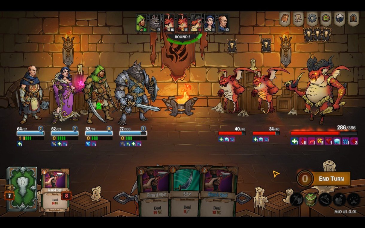 Screenshot von Across the Obelisk.
Kampfbildschirm. Die vier Helden kämpfen gegen drei kleine rote Feuerdrachen. Einer der Drachen sieht größer aus.