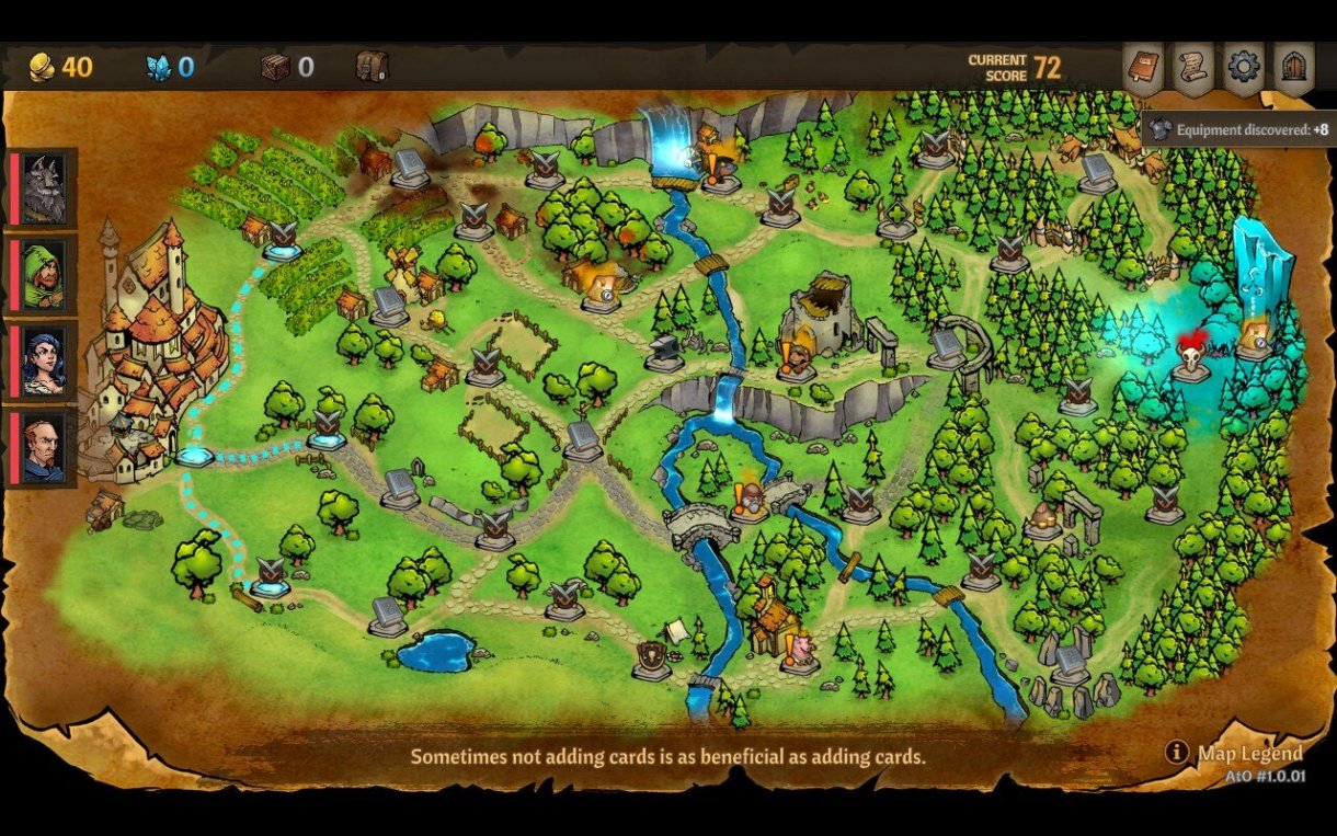 Screenshot von Across the Obelisk. 
Zu sehen ist die Karte des ersten Aktes. Der Spieler befindet sich gerade links auf der Karte in der Stadt und drei Wege offenbaren sich. Rechts sieht man einen blauen Obelisken und ein Boss-Symbol.