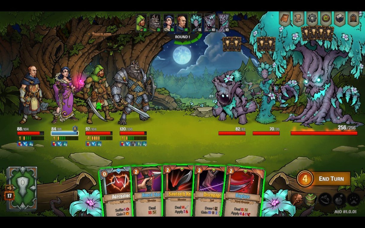 Screenshot von Across the Obelisk.
Kampfbildschirm. Die vier Helden kämpfen gegen drei Pflanzenwesen. Ganz hinten steht ein großer gruseliger Baum-Gegner. Der Boss des Kampfes.