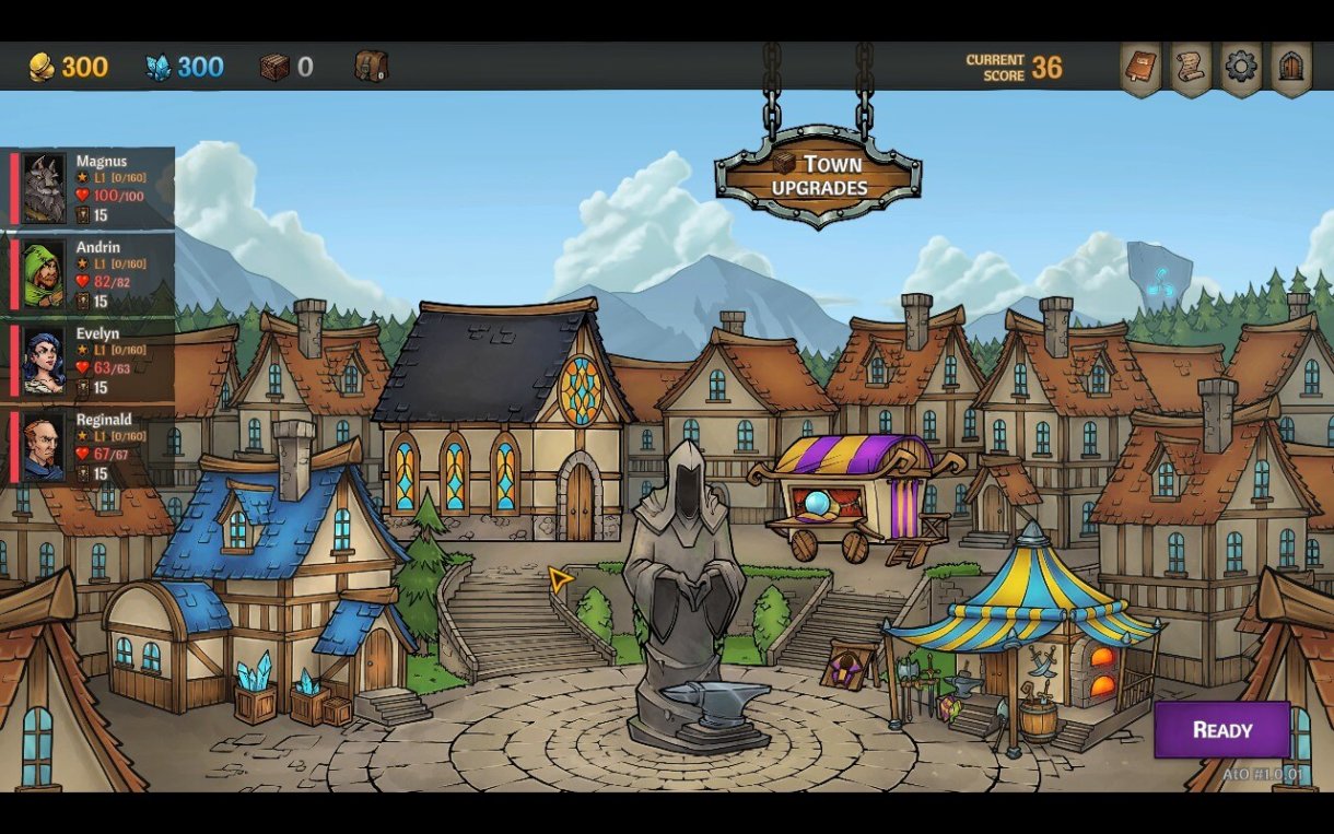 Screenshot von Across the Obelisk.
Zu sehen ist die Stadt mit diversen Läden für Ausrüsten, Upgrades, Crafting-Möglichkeiten und das Abstoßen von Karten.