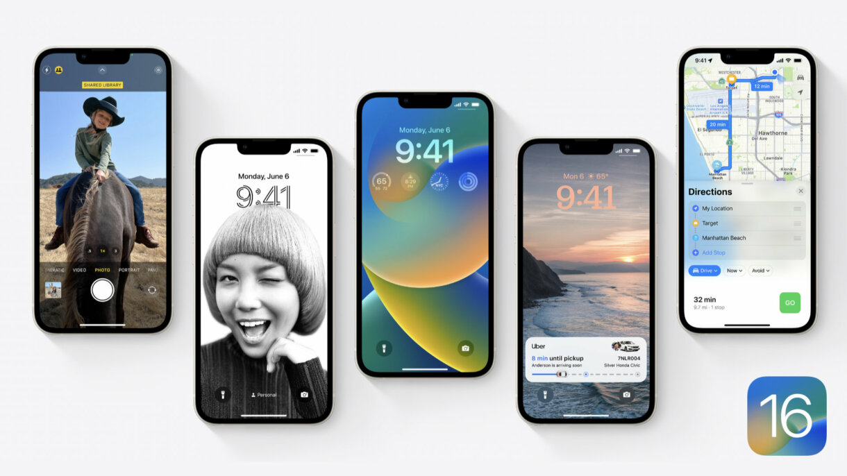 Bild mit vier iPhone Wireframes, von denen drei eine andere Art des neuen iOS 16 Sperrbildschirms zeigen. Eines zeigt die neue Familien-Mediathek direkt in der Kamera-App und das letzte iPhone zeigt die Karten-App mit ihren Zwischenstopps.