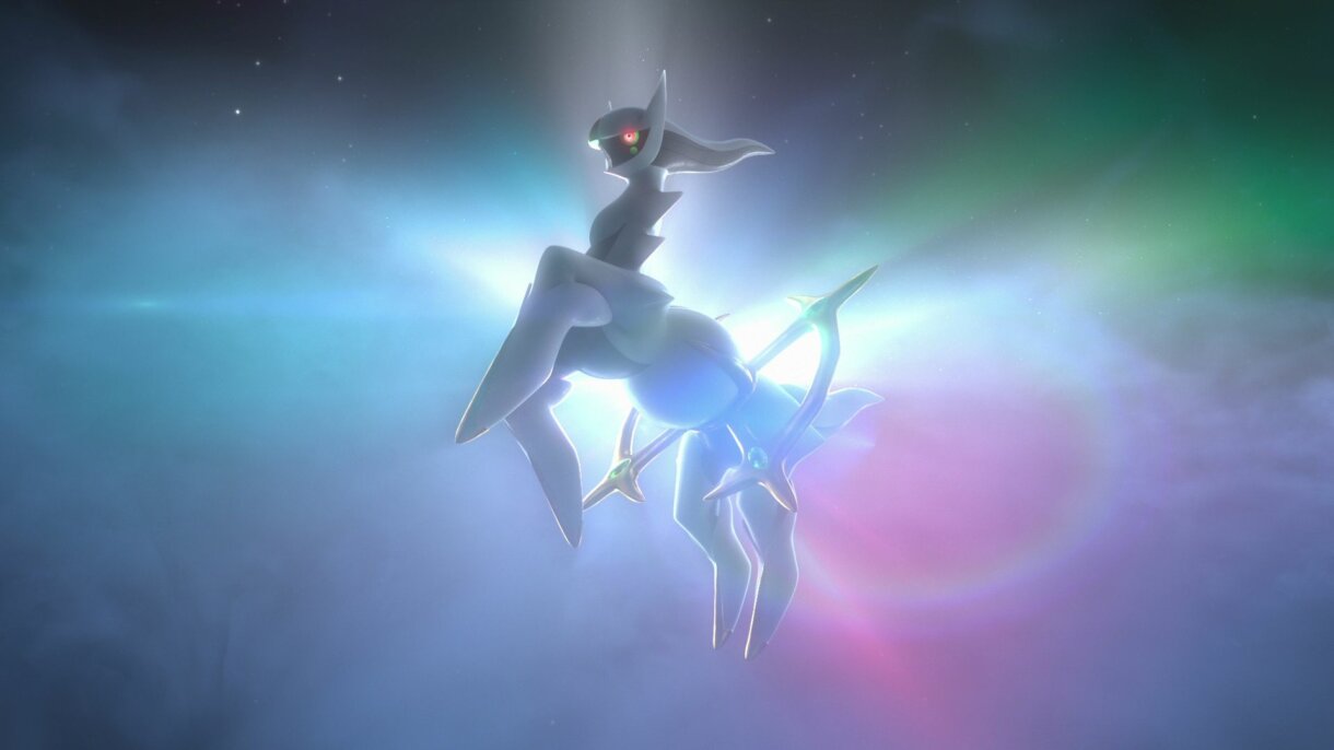 Screenshot von Pokémon Legenden Arceus. Man sieht das Pokémon Arceus vor einem Galaxie-Ähnlichen Hintergrund. Es bäumt sich wie ein Pferd auf.
